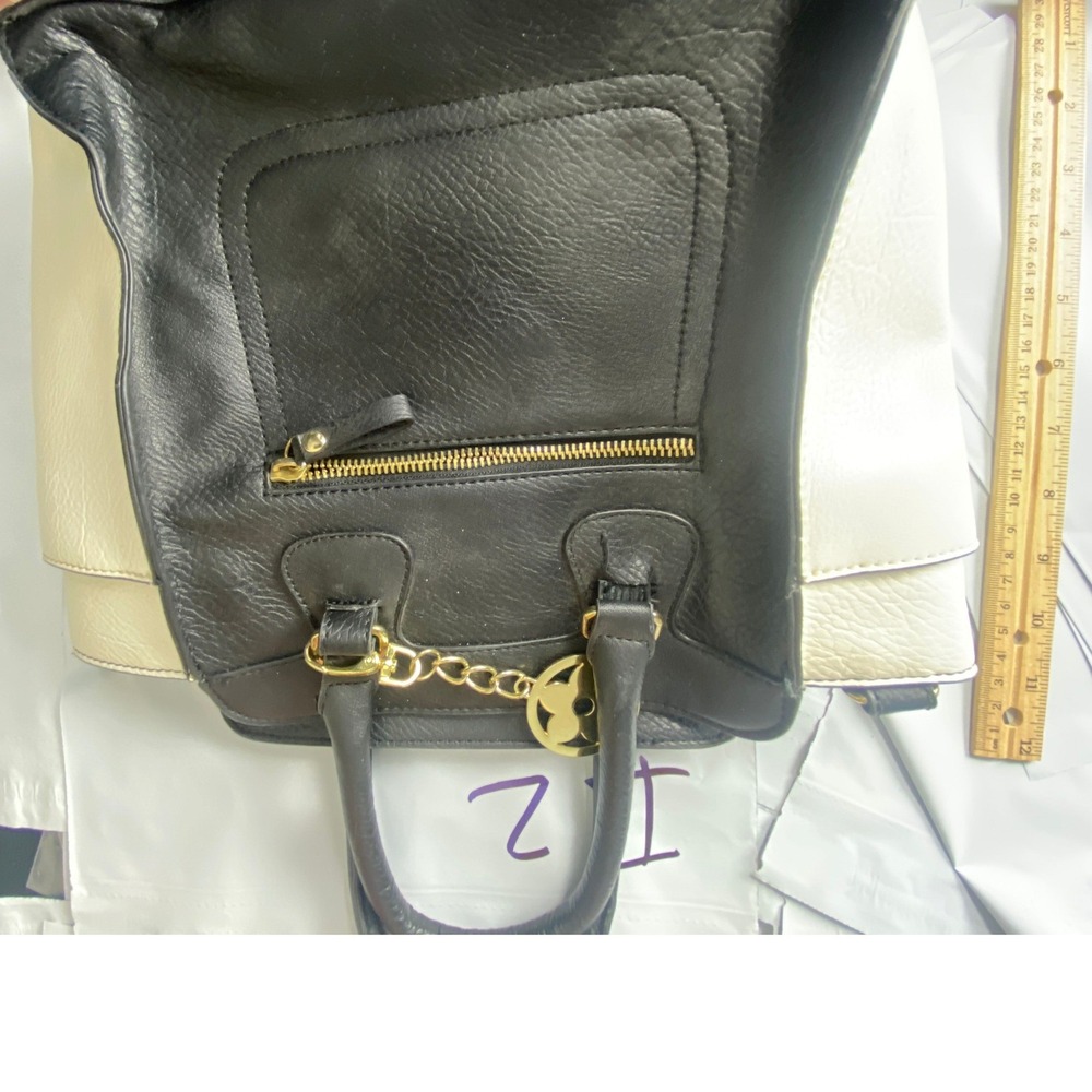 Black Leather Satchel Handbag Gold Chain Accent